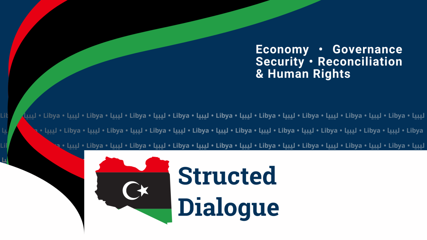 Structed Dialogue logo shows Libya map with the Libyan flag